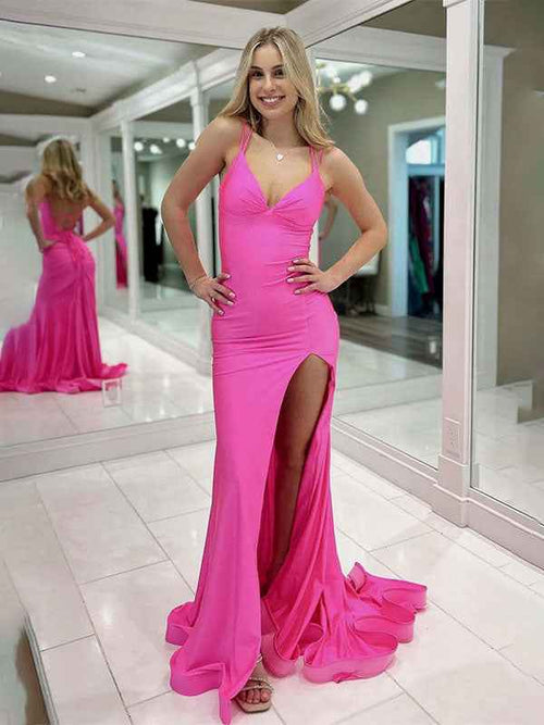 Hot Pink MermaidV-Neck Open Back Prom Dress with Slit BMBRIDE