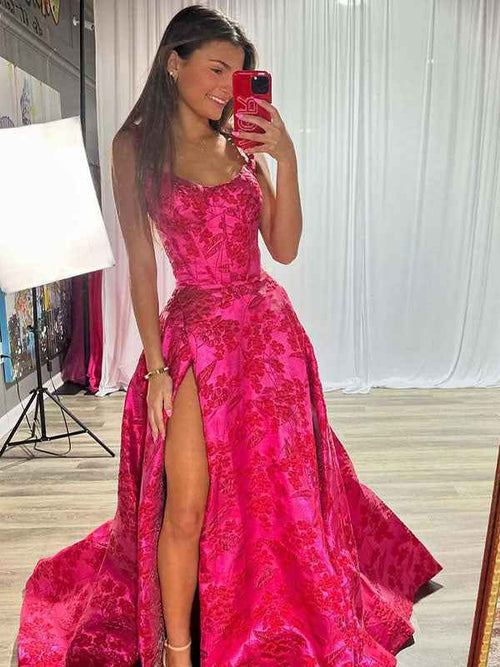 Hot Pink A Line Floral Long Prom Dress with High Slit BMBRIDE