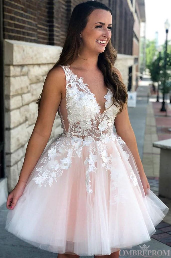 Elegant A-line V Neck Tulle Applique Homecoming Dress BM bride
