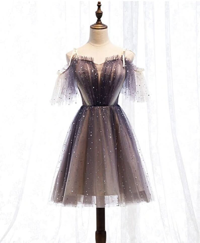 Whimsical Sweetheart V-neck Mini Length Starlit Cloud Tulle Homecoming Dress BM bride