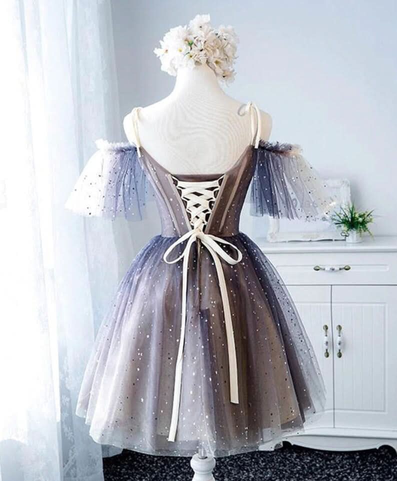 Whimsical Sweetheart V-neck Mini Length Starlit Cloud Tulle Homecoming Dress BM bride
