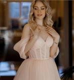 Charming A-Line Pink Tulle Tea Length Prom Dress BM bride