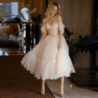 Charming A-Line Pink Tulle Tea Length Prom Dress BM bride