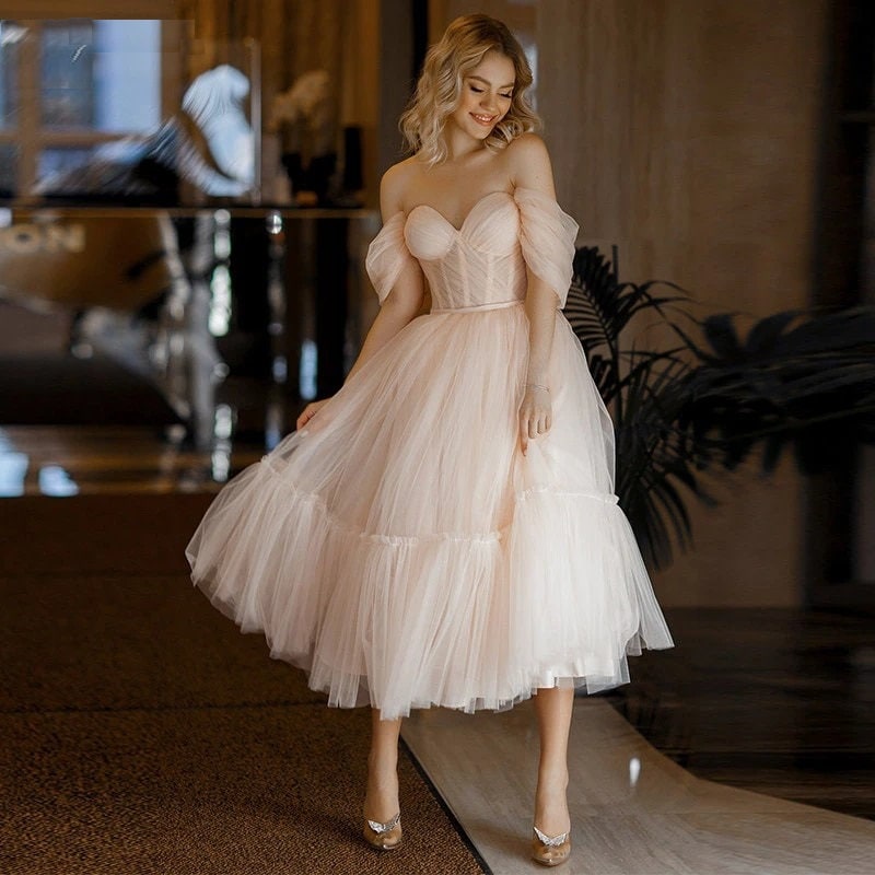Charming A-Line Pink Tulle Tea Length Prom Dress BM bride