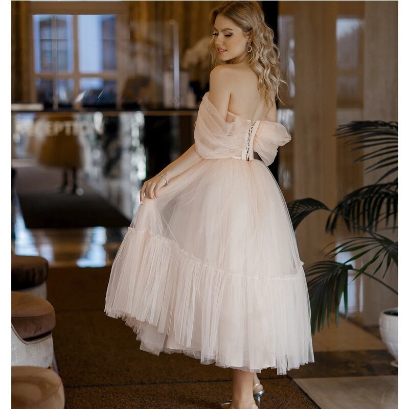 Charming A-Line Pink Tulle Tea Length Prom Dress BM bride