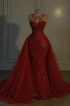 Heavy Mermaid Wedding Dress V-neck Spaghetti Strap Long With Beadings