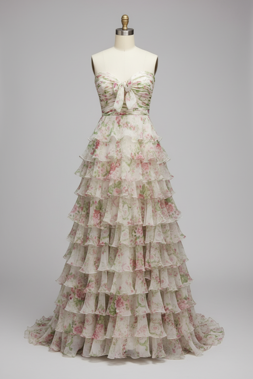 White floral print tiered ruffle prom dress - front view