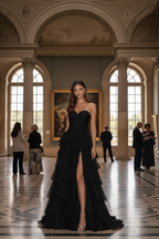 Customer wearing black tiered ruffle evening gown