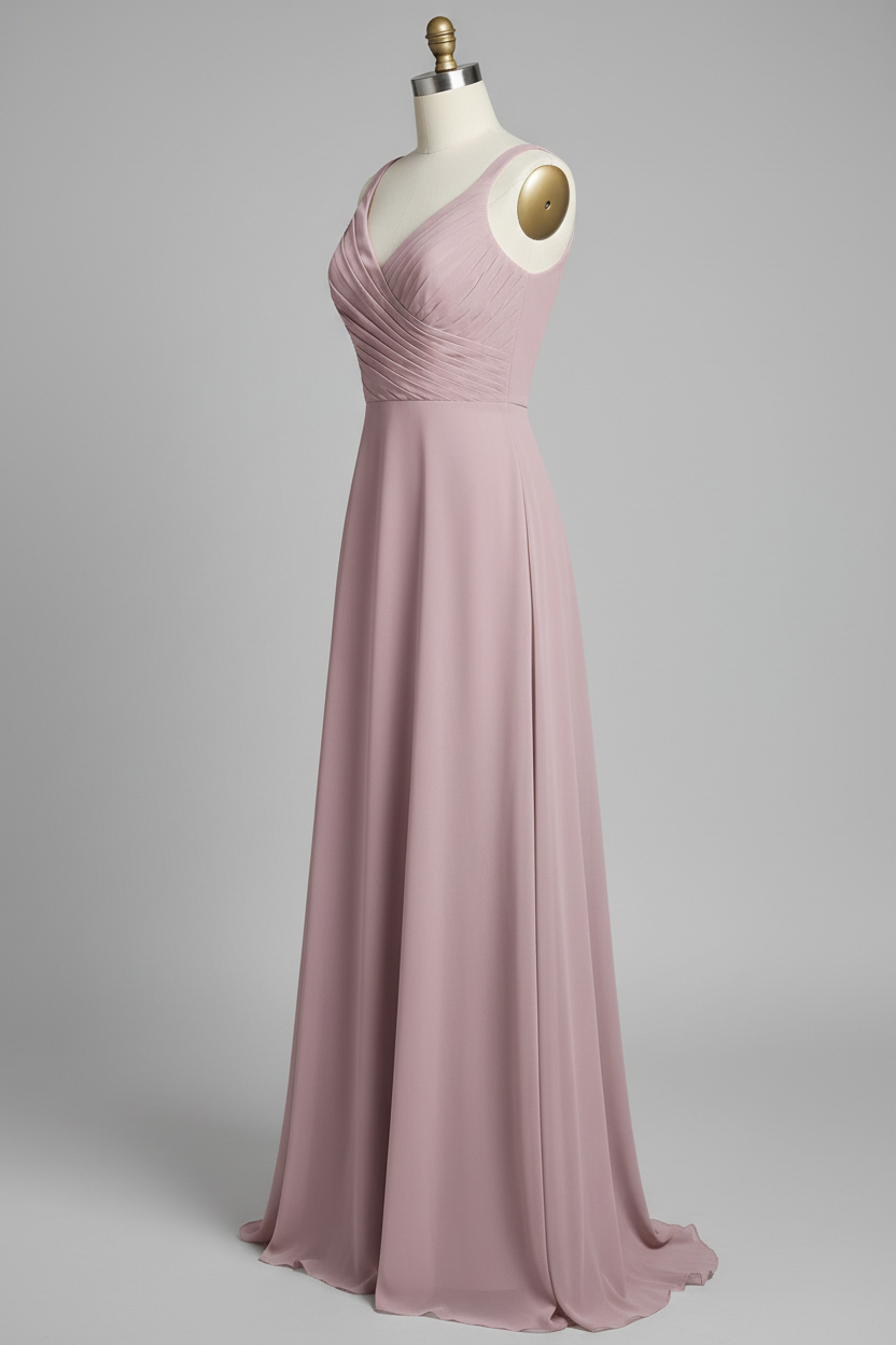 Dusty Rose Chiffon Pleated V-Neck A-Line Bridesmaid Dress - 20 Colors Available BMBRIDE