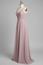 Dusty Rose Chiffon Pleated V-Neck A-Line Bridesmaid Dress - 20 Colors Available BMBRIDE
