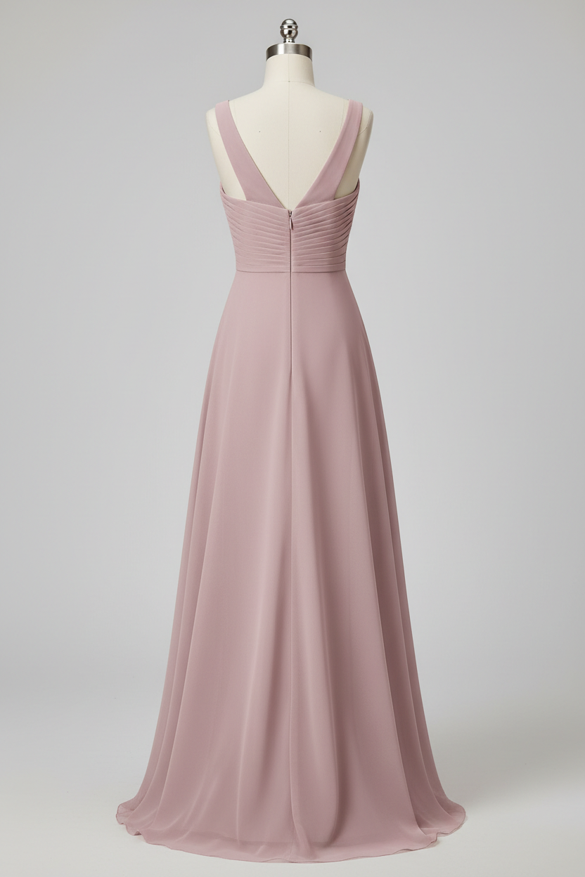 Dusty Rose Chiffon Pleated V-Neck A-Line Bridesmaid Dress - 20 Colors Available BMBRIDE