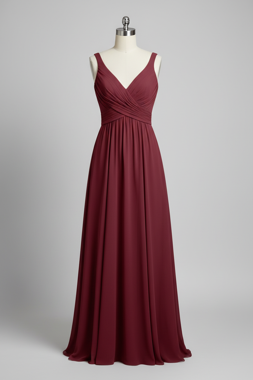 Dusty Rose Chiffon Pleated V-Neck A-Line Bridesmaid Dress - 20 Colors Available BMBRIDE