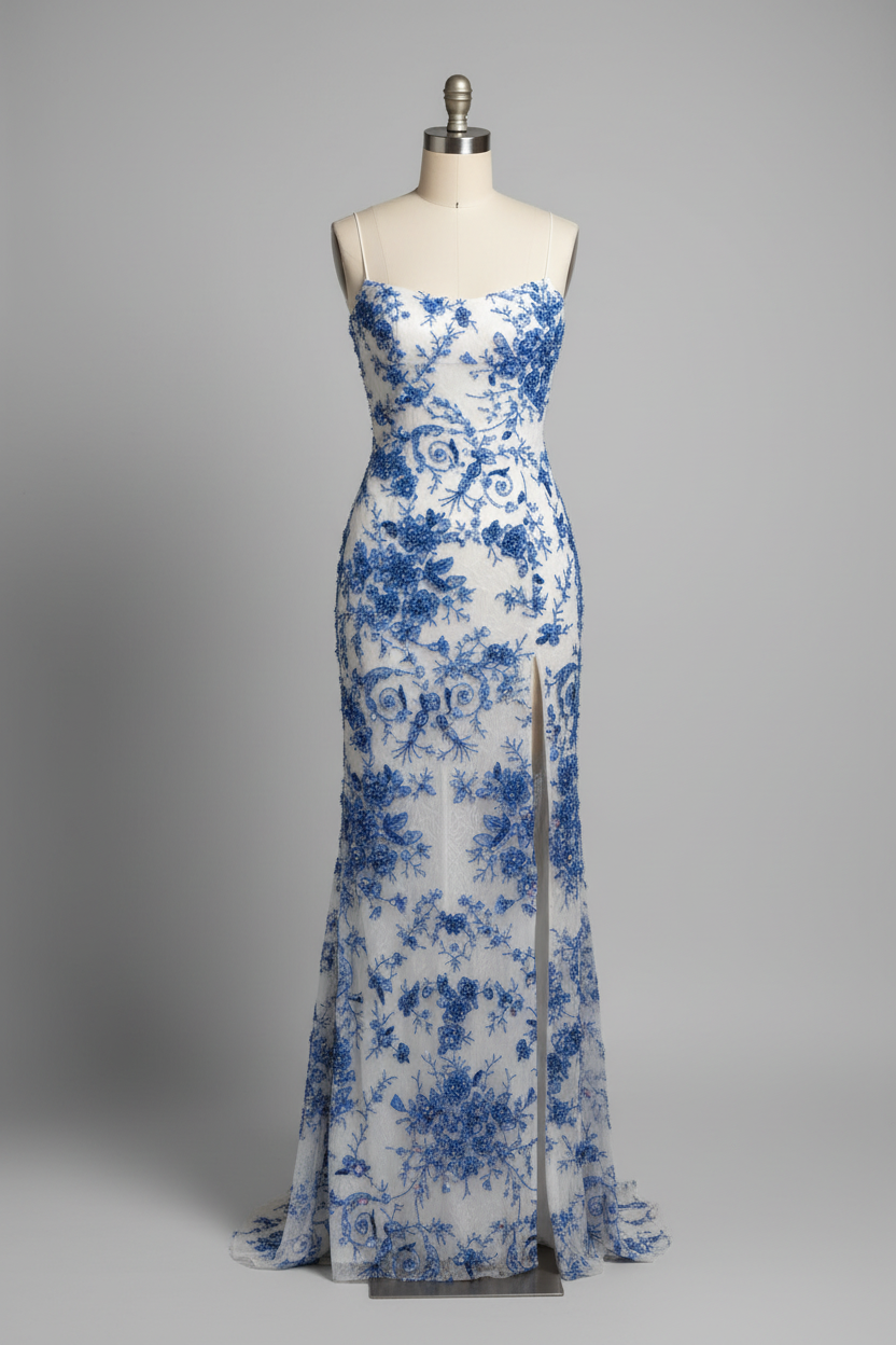 White Mermaid Prom Dress with Blue Floral Lace and Strappy Back BMBRIDE