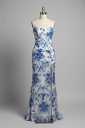 White Mermaid Prom Dress with Blue Floral Lace and Strappy Back BMBRIDE