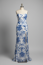 White Mermaid Prom Dress with Blue Floral Lace and Strappy Back BMBRIDE