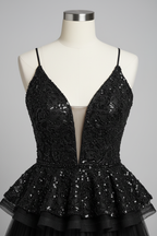 Black embellished lace tiered ruffle evening gown - bodice detail