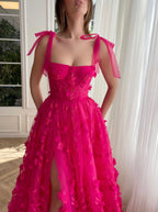 Graceful Fuchsia Elegant A-Line 3D Flower Lace Prom Dress With Slit BM bride