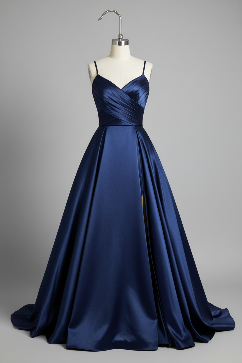 Navy Blue Satin Sweetheart Crisscross High Slit A-Line Bridesmaid Dress with Pockets - 12 Colors BMBRIDE