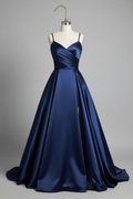 Navy Blue Satin Sweetheart Crisscross High Slit A-Line Bridesmaid Dress with Pockets - 12 Colors BMBRIDE