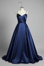 Navy Blue Satin Sweetheart Crisscross High Slit A-Line Bridesmaid Dress with Pockets - 12 Colors BMBRIDE