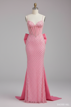 Pink beaded mermaid gown with oversized bow front view