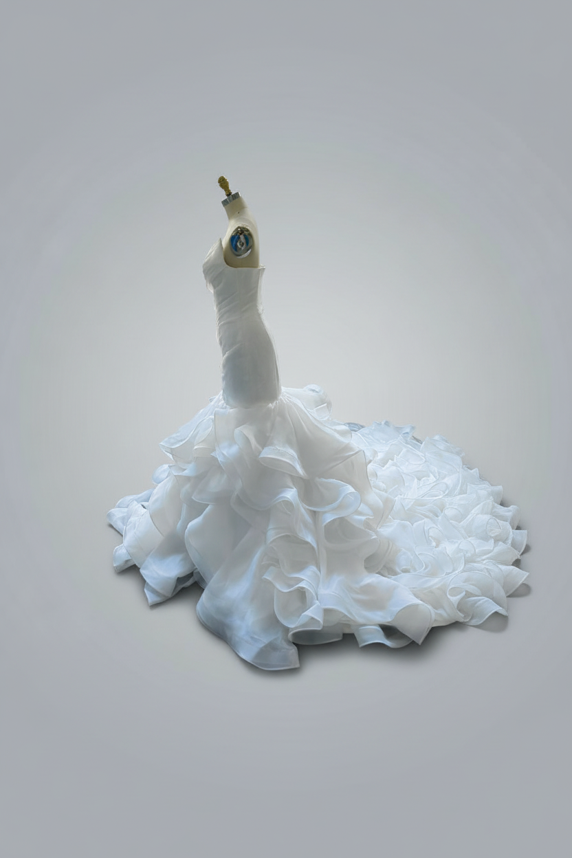 One-shoulder mermaid wedding dress with cascading organza ruffles - train spread