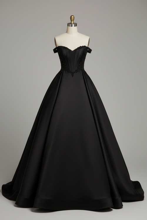 Black A-Line Ball Gown with Lace Bodice and Pockets BMBRIDE