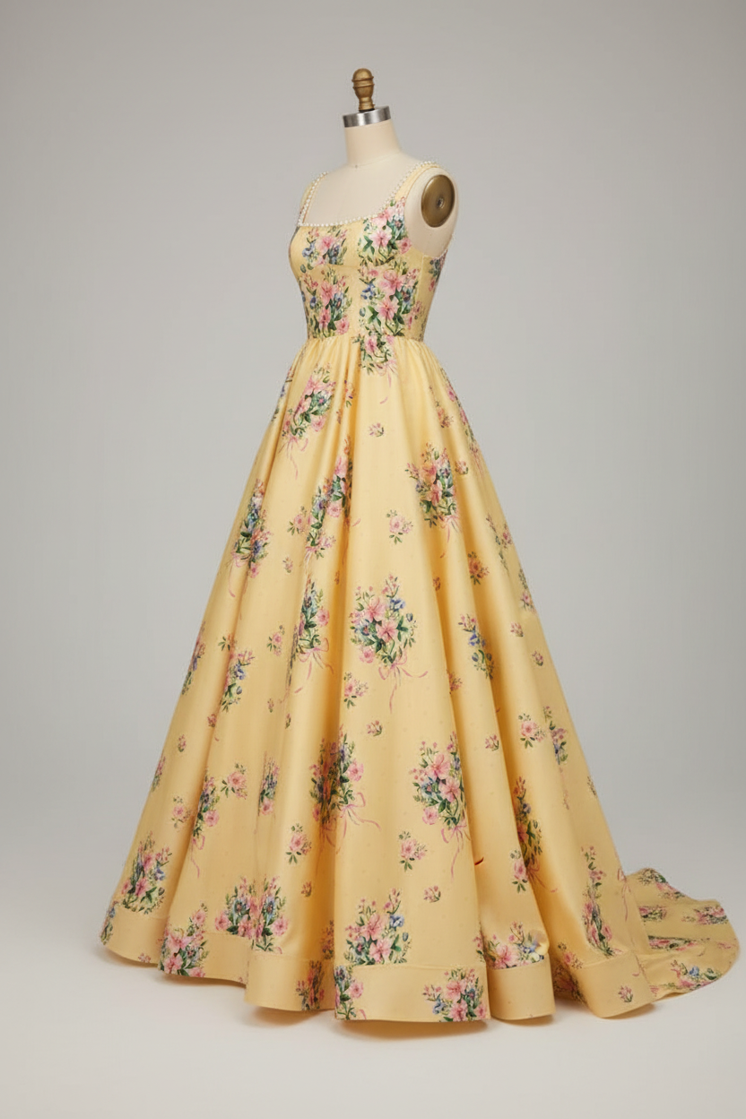 Yellow Floral Embroidered A-Line Ball Gown Prom Dress with Pearl Neckline and Open Back BMBRIDE