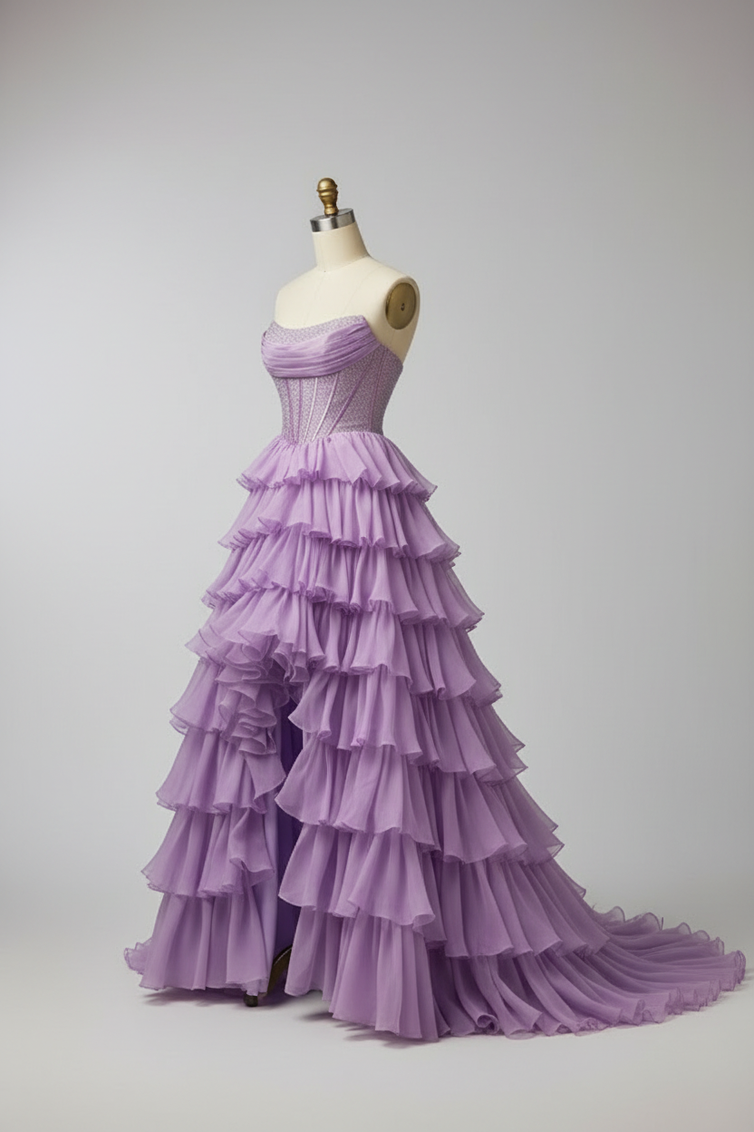 Lavender purple tiered ruffle ball gown - side view