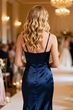 Navy Blue Satin Cowl Neck High Slit Sheath Bridesmaid Dress - 12 Colors Available BMBRIDE