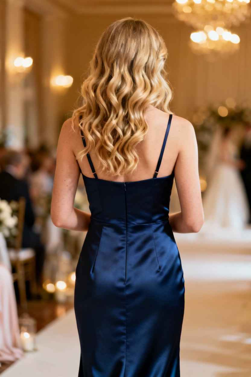 Navy Blue Satin Cowl Neck High Slit Sheath Bridesmaid Dress - 12 Colors Available BMBRIDE