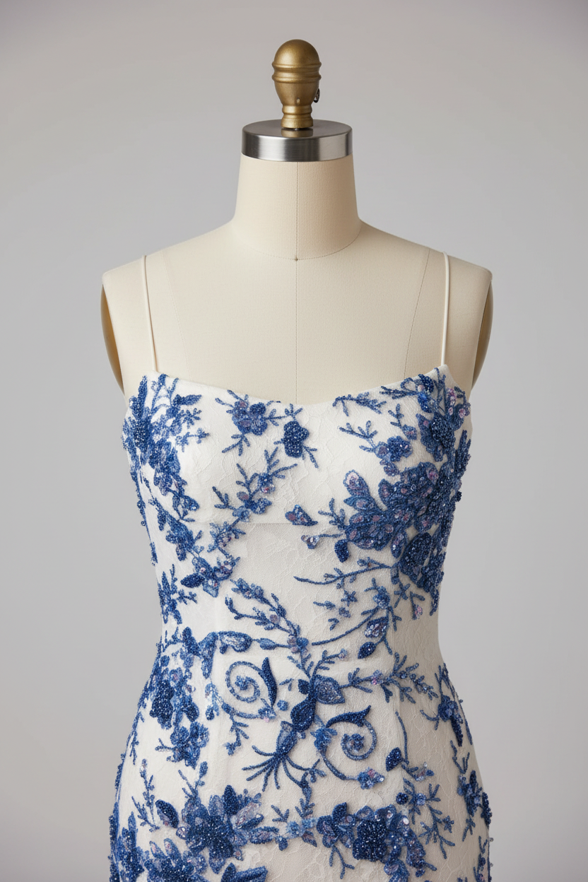 White Mermaid Prom Dress with Blue Floral Lace and Strappy Back BMBRIDE