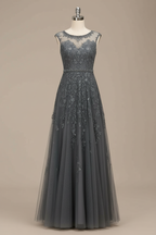Elegant illusion neckline A-line evening dress - front view on mannequin