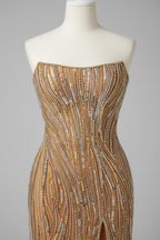 Champagne gold wave beaded strapless evening gown - bodice detail