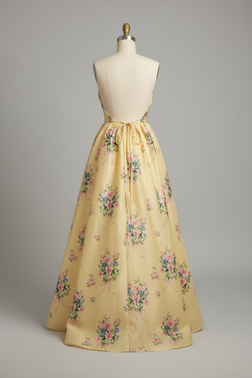 Yellow Floral Embroidered A-Line Ball Gown Prom Dress with Pearl Neckline and Open Back BMBRIDE