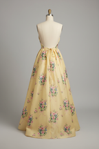 Yellow Floral Embroidered A-Line Ball Gown Prom Dress with Pearl Neckline and Open Back BMBRIDE