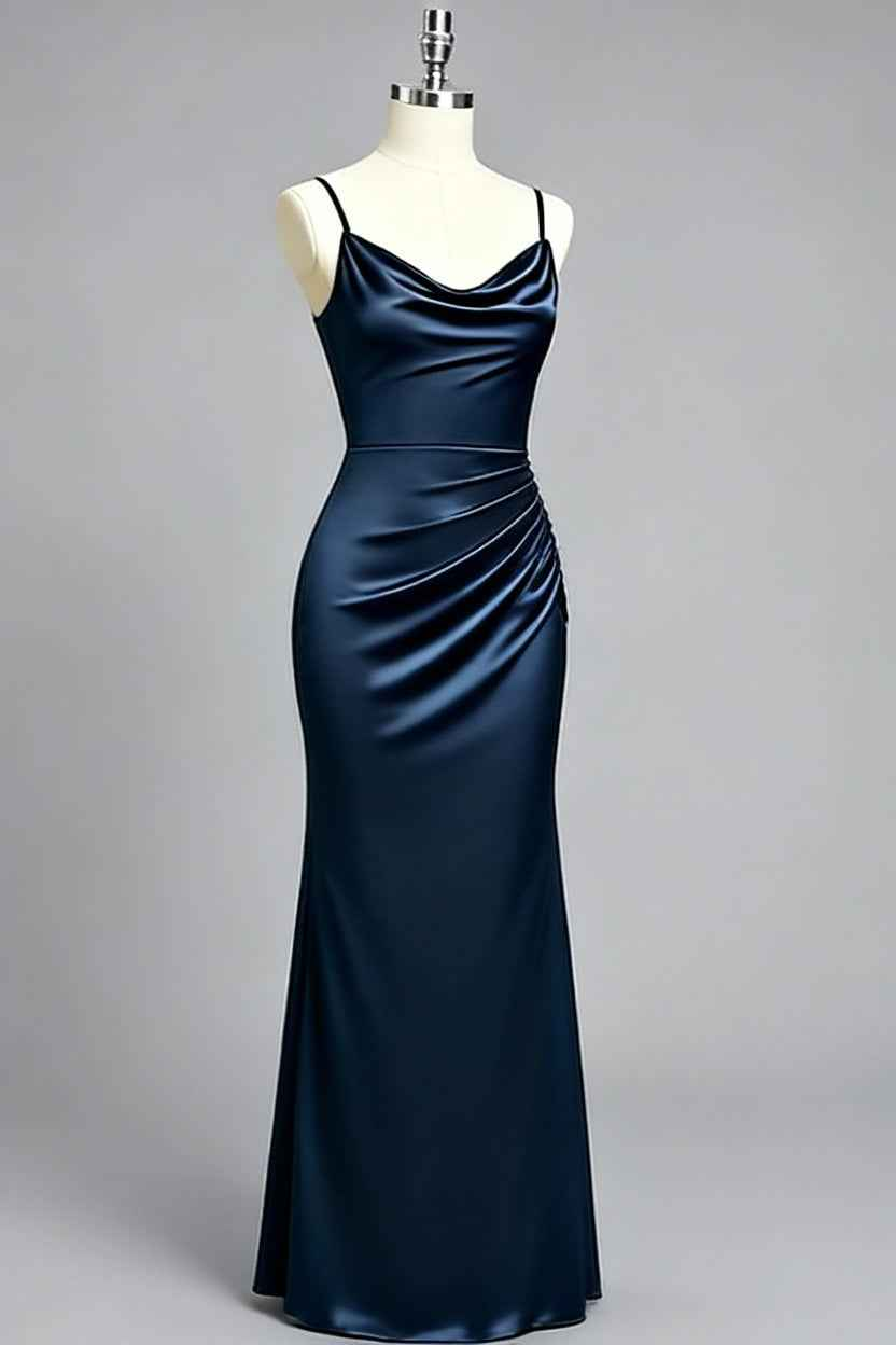 Navy Blue Satin Cowl Neck High Slit Sheath Bridesmaid Dress - 12 Colors Available BMBRIDE