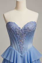 Periwinkle Blue Tiered Ruffle Prom Dress - Strapless Sweetheart Neckline with High Slit
