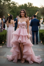Customer wearing blush pink tiered ruffle evening gown