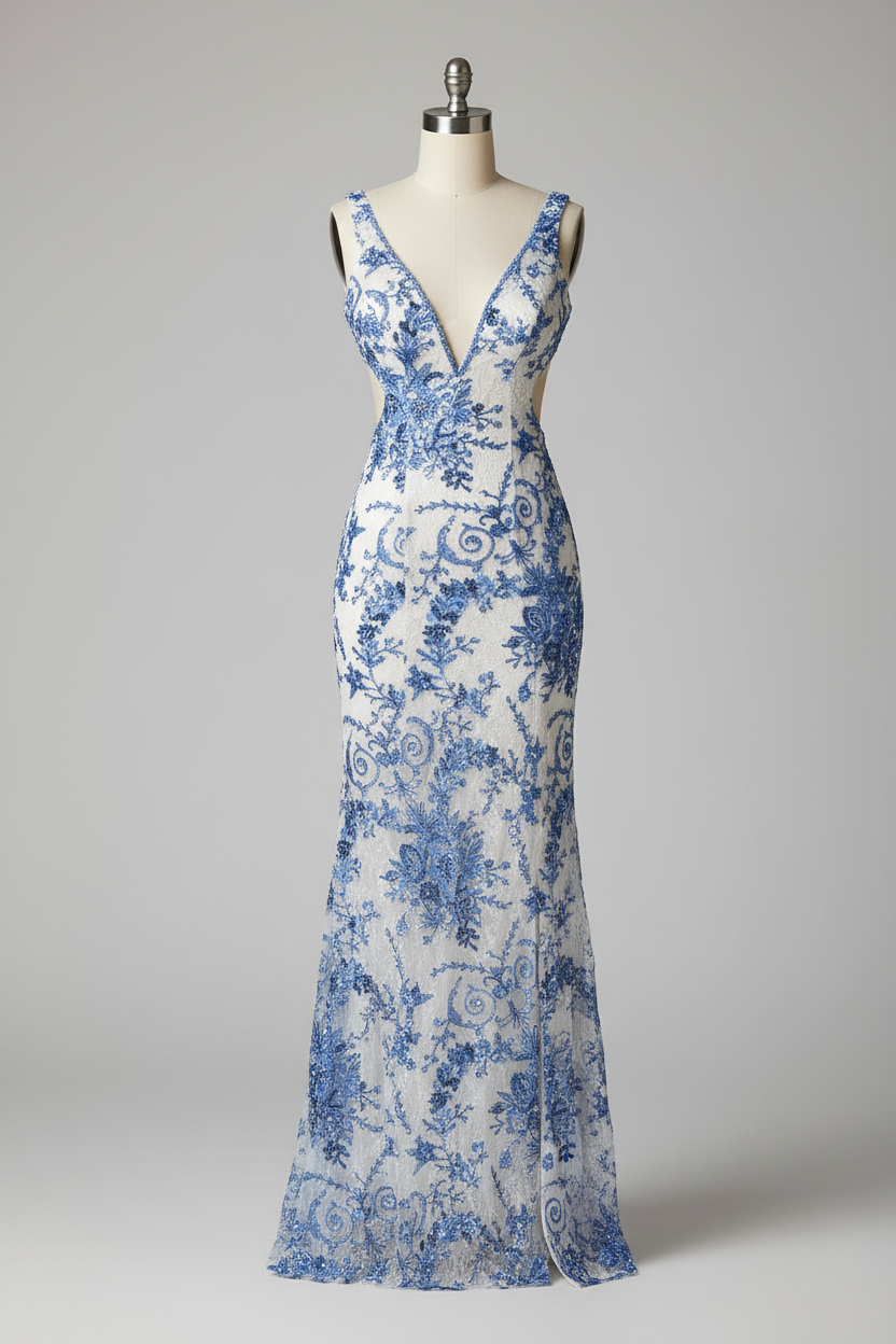 White Mermaid Prom Dress with Blue Floral Lace Embroidery and Cutout Waist BMBRIDE