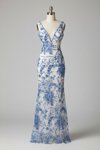 White Mermaid Prom Dress with Blue Floral Lace Embroidery and Cutout Waist BMBRIDE