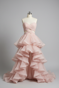 Blush pink tiered ruffle evening gown - front view