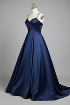 Navy Blue Satin Sweetheart Crisscross High Slit A-Line Bridesmaid Dress with Pockets - 12 Colors BMBRIDE