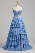Sky blue lace crystal beaded corset asymmetric tiered ruffle gown - front view