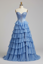 Sky blue lace crystal beaded corset asymmetric tiered ruffle gown - front view