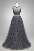 Elegant illusion neckline A-line evening dress - back view with zipper detail on mannequin