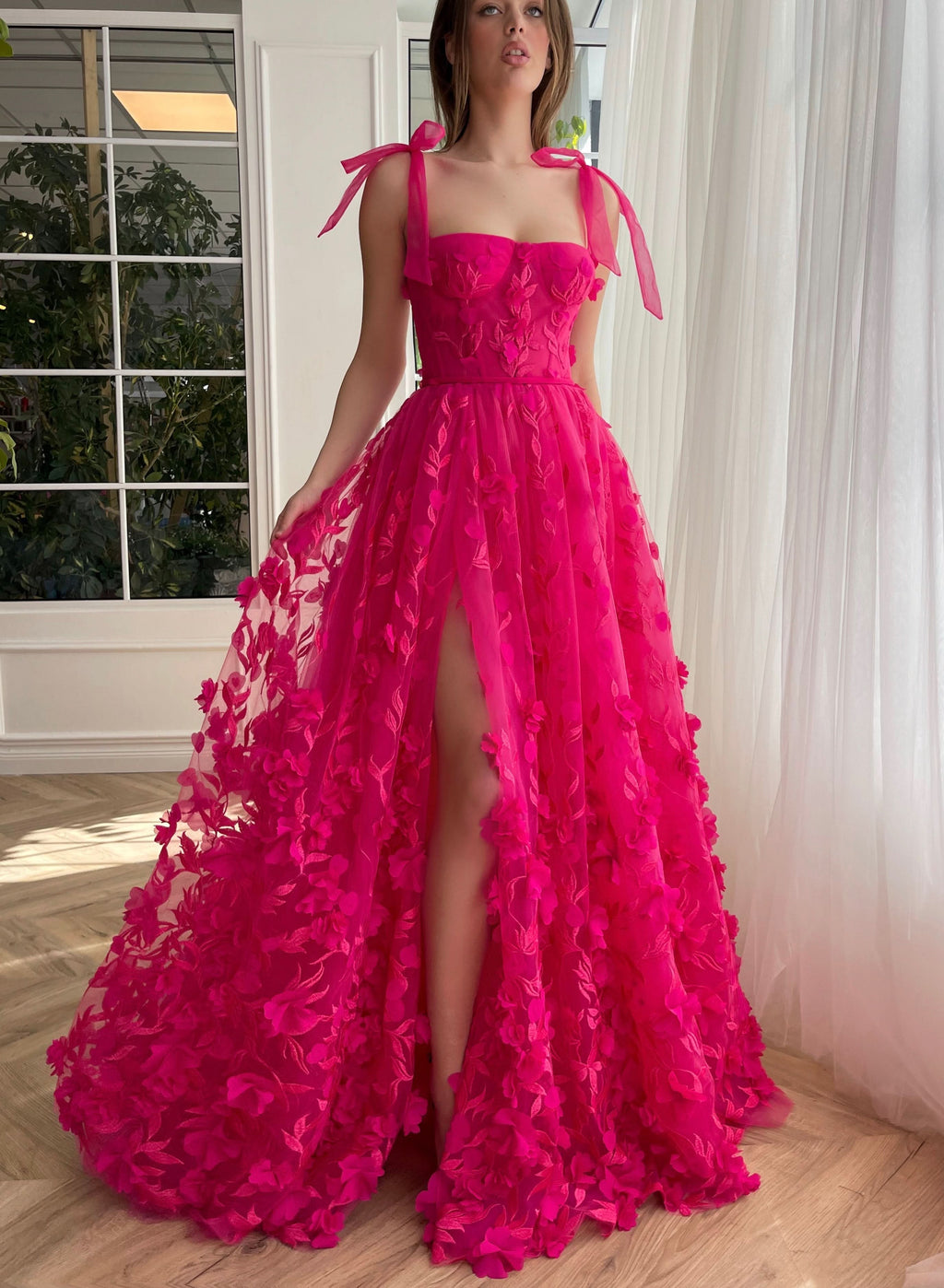 Graceful Fuchsia Elegant A-Line 3D Flower Lace Prom Dress With Slit BM bride
