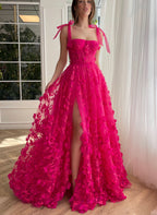 Graceful Fuchsia Elegant A-Line 3D Flower Lace Prom Dress With Slit BM bride