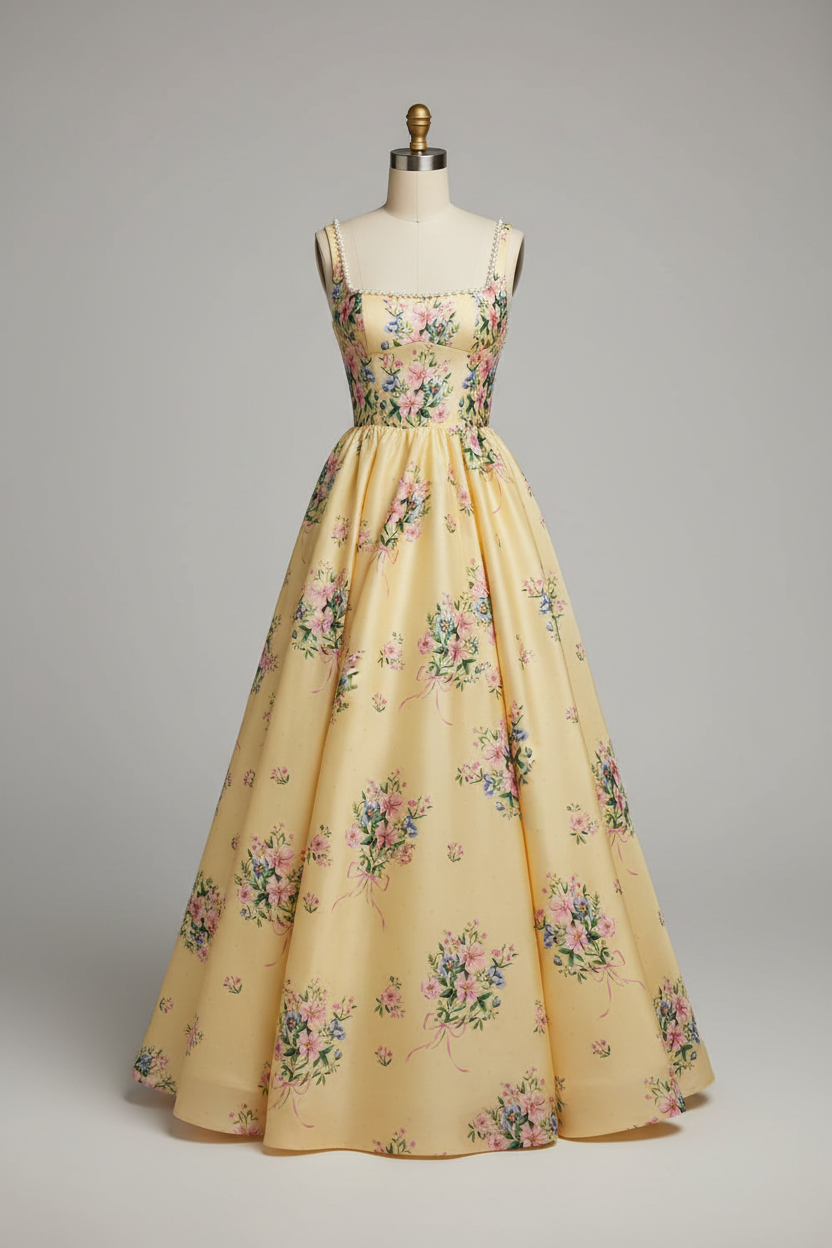 Yellow Floral Embroidered A-Line Ball Gown Prom Dress with Pearl Neckline and Open Back BMBRIDE