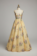 Yellow Floral Embroidered A-Line Ball Gown Prom Dress with Pearl Neckline and Open Back BMBRIDE